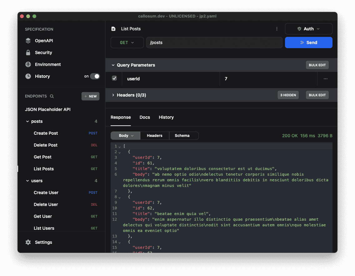 Callosum desktop app showing an API request and response